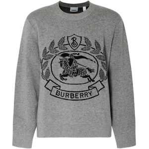 Burberry, Truien, Heren, Grijs, L, Wol, Ontspannen Intarsia Gebreide Wollen Trui