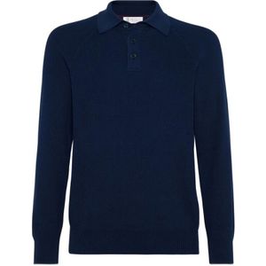 Brunello Cucinelli, Tops, Heren, Blauw, 2Xl, Katoen, Navy Blue Geribbelde Polo Sweater