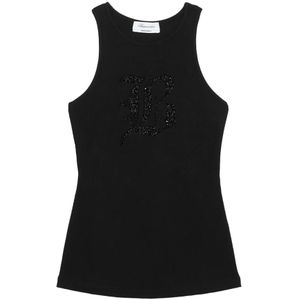 Blumarine, Geribbelde Tanktop met Logo Zwart, Dames, Maat:L