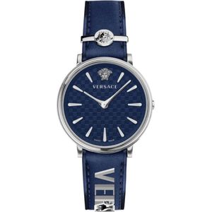 Versace, Accessoires, Dames, Blauw, ONE Size, Blauw/Zilver V Circle Leren Horloge