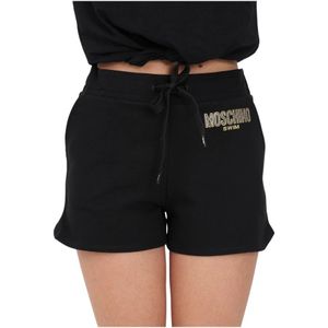 Moschino, Korte broeken, Dames, Zwart, S, Korte shorts met logo print en str versiering