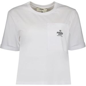 Fendi, Tops, Dames, Wit, M, Katoen, Geborduurd Logo Ronde Hals T-shirt