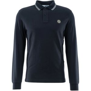 Stone Island, Tops, Heren, Blauw, S, Katoen, Blauwe Elastische Piqué Lange Mouw Polo 2Sl 18