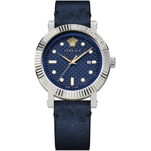 Versace, Accessoires, Heren, Grijs, ONE Size, Blauw Leren Band Quartz Horloge