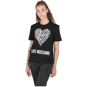 Love Moschino, Tops, Dames, Zwart, 2Xs, Katoen, Luipaard Hart T-Shirt Zwart Katoen