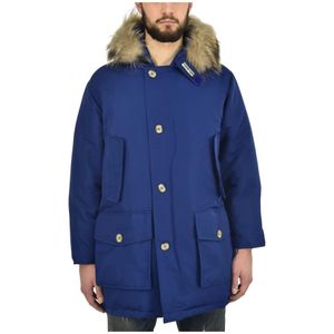 Woolrich, Blauwe Heren Arctic Parka met Bont Capuchon en Rits Blauw, Heren, Maat:S