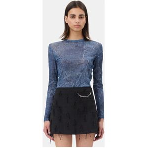 Ganni, Tops, Dames, Blauw, M, Leer, Blauwe Grafische Mesh Lange Mouwen Blouse