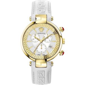 Versace, Chrono Restyling Leren Horloge Wit/Goud Geel, Dames, Maat:ONE Size