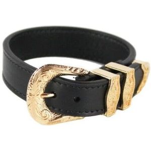 Versace, Accessoires, Heren, Zwart, ONE Size, Leer, Medusa Western Gesp Glad Leer Verguld Messing Gouden Armband