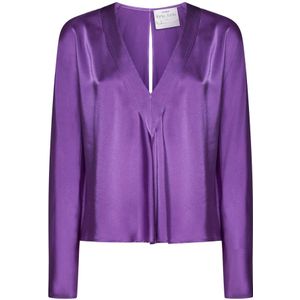 Forte Forte, Blouses & Shirts, Dames, Paars, S, Satijn, Satijnen afwerking V-hals Flare manchetten