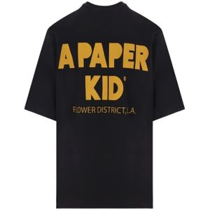 A Paper Kid, Tops, Heren, Zwart, L, Katoen, Zwart Logo Print Oversize T-shirt
