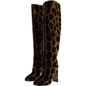 Dolce & Gabbana, Schoenen, Dames, Bruin, 36 EU, Leer, Giraffe Velvet Kniehoge Laarzen