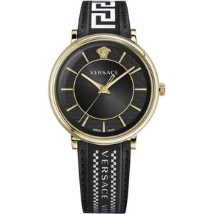 Versace, Accessoires, Heren, Zwart, ONE Size, V-Circle Leren Armband Horloge