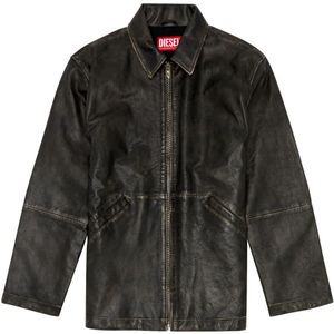 Diesel, Jassen, Heren, Zwart, M, Leer, Treated leather jacket with raw edges