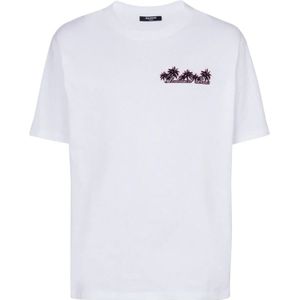 Balmain, Tops, Heren, Wit, L, Katoen, Palmboomprint T-shirt