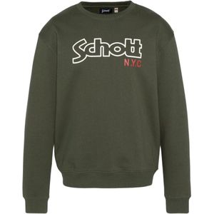 Schott Nyc, Sweatshirts & Hoodies, Heren, Groen, L, Katoen, Iconische Fleece Sweatshirt Groen Ronde Hals