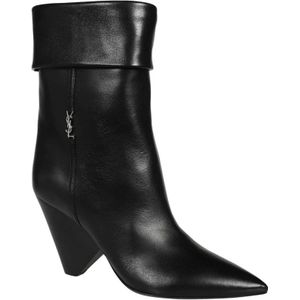 Saint Laurent, Schoenen, Dames, Zwart, 39 EU, Leer, Leren Enkellaarsjes met Puntige Neus