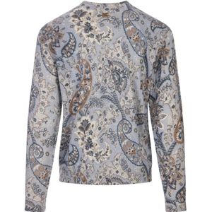 Etro, Truien, Heren, Veelkleurig, M, Kasjmier, Blauwe Bloemen Paisley Zijde Kasjmier Trui