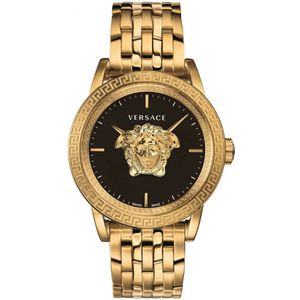 Versace, Accessoires, Heren, Geel, ONE Size, Luxe Goud Stalen Horloge Zwarte Wijzerplaat