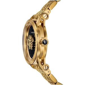 Versace, Accessoires, Heren, Geel, ONE Size, Luxe Goud Stalen Horloge Zwarte Wijzerplaat