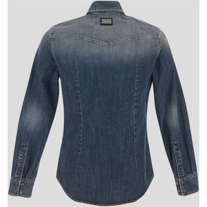 Dolce & Gabbana, Overhemden, Heren, Blauw, XL, Denim, Slim Fit Stretch Denim Overhemd