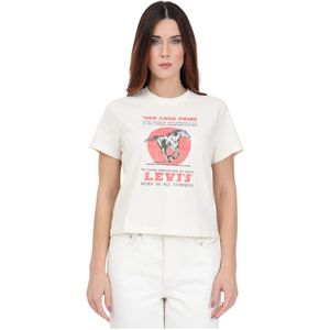 Levi's, Tops, Dames, Wit, M, Crème T-shirt met Egret Logo Print