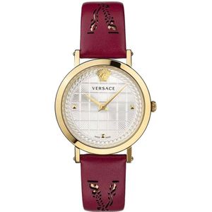 Versace, Accessoires, Dames, Rood, ONE Size, Gouden Leren Horloge met Wijnrood