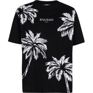 Balmain, Tops, Heren, Zwart, L, Katoen, Vintage T-shirt met palmboomprint