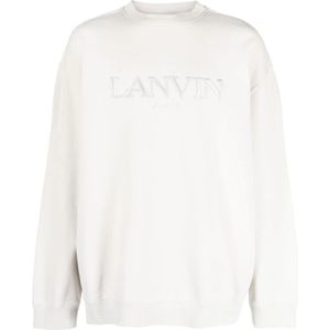 Lanvin, Sweatshirts & Hoodies, Heren, Wit, L, Katoen, Witte Logo-Geborduurde Trui