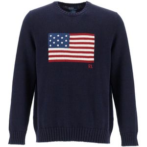 Polo Ralph Lauren, Truien, Heren, Blauw, XL, Katoen, Amerikaanse Vlag Crewneck Sweater