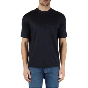 Emporio Armani, Tops, Heren, Blauw, M, Katoen, Geborduurd Logo Katoenen en Lyocell T-Shirt