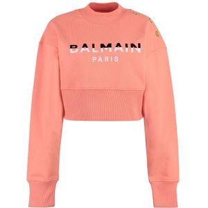 Balmain, Sweatshirts & Hoodies, Dames, Rood, M, Katoen, Velvet Crew-Neck Sweatshirt met Versierde Knopen