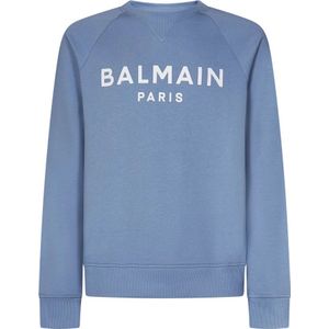 Balmain, Sweatshirts & Hoodies, Heren, Blauw, XL, Katoen, Blauwe Biologisch Katoenen Crewneck Sweatshirt