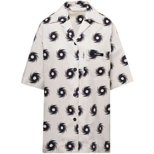 Palm Angels, Blouses & Shirts, Dames, Wit, XL, Katoen, Witte Shuriken Print Oversize Bowling Shirt