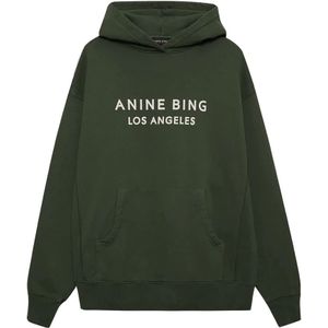 Anine Bing, Sweatshirts & Hoodies, Dames, Groen, S, Katoen, Donkergroene Hoodie met Stoere Print