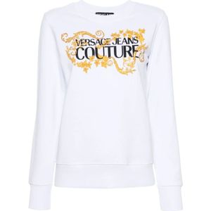 Versace Jeans Couture, Sweatshirts & Hoodies, Dames, Wit, S, Katoen, Witte Katoenen Sweatshirt met Voorlogo Print