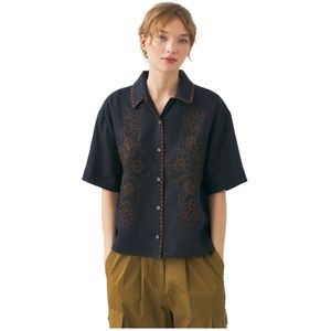 Antik Batik, Met de hand geborduurde shirt Cindy Zwart, Dames, Maat:L