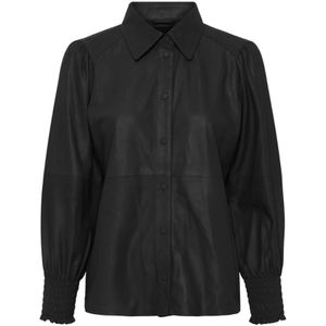 Btfcph, Leren overhemd met smock-details Zwart, Dames, Maat:S