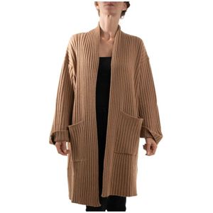 Kaos, Geribbelde Maxi Cardigan Sweater met Zakken Beige, Dames, Maat:M