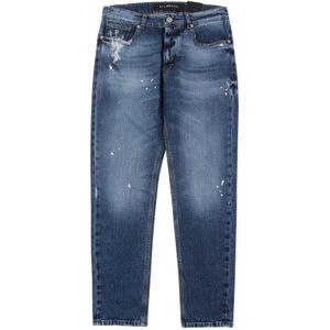 John Richmond, Jeans, Heren, Blauw, W33, Katoen, Slim-Fit Jeans met scheuren aan de voorkant en print op de achterkant