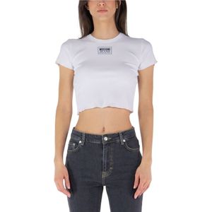 Moschino, Logo Patch Crop Top in Viscose Wit, Dames, Maat:S