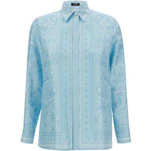 Versace, Blouses & Shirts, Dames, Blauw, S, Zijden overhemd met Barocco-print