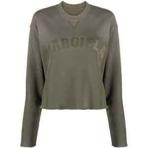 Maison Margiela, Sweatshirts & Hoodies, Dames, Groen, M, Katoen, Olive Green Logo Patch Cropped Sweatshirt