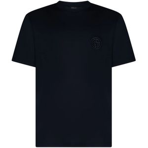 Giorgio Armani, Tops, Heren, Blauw, S, Katoen, Blauwe Katoenen Logo Geborduurde T-shirts