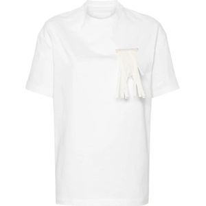 Jil Sander, Tops, Dames, Wit, S, Katoen, Witte Katoenen Jersey T-shirt met Franje Broche
