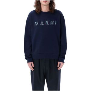 Marni, Bloemen Logo Crewneck Sweater Blauw, Heren, Maat:XS