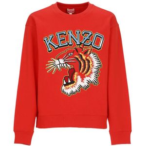 Kenzo, Sweatshirts & Hoodies, Heren, Rood, M, Katoen, Rode Katoenen Sweatshirt met Contrasterend Logo en Tijgerprint