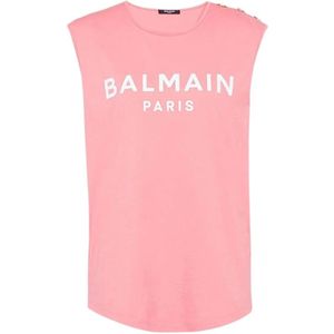 Balmain, Tops, Dames, Roze, S, Katoen, Zalm en wit katoenen T-shirt