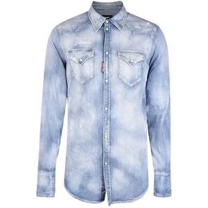 Dsquared2, Overhemden, Heren, Blauw, L, Denim, Blauwe Denim Overhemd met Versleten Effect en Drukknopen