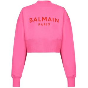 Balmain, Sweatshirts & Hoodies, Dames, Roze, XS, Katoen, Cropped sweatshirt met Paris print
